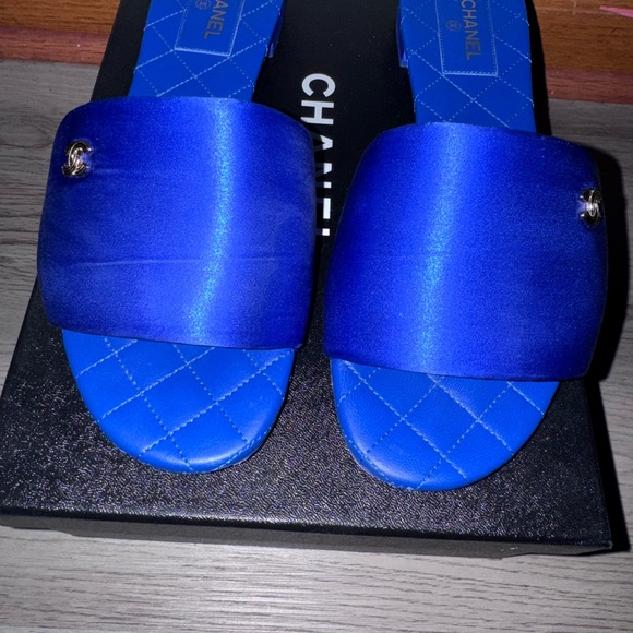 CHANEL Shoes - CHANEL Royal Blue Satin Quilted Slide Sandals